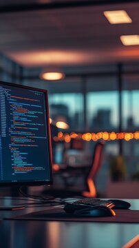 Close-up of code reflected in the glasses of a software developer. Focus on programming and detailed coding work.