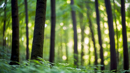 Naklejka premium Blurred bokeh of a lush, green forest