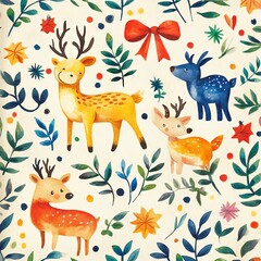 Obraz premium Christmas gift, animalthemed wrapping paper with colorful ribbons, whimsical holiday, watercolor style