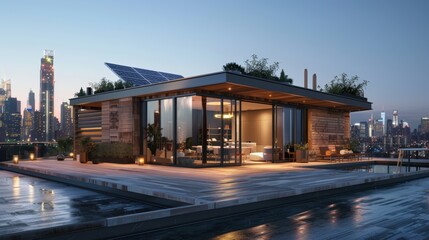 Obraz premium Luxurious Smart Home with Rooftop Pool and Solar Panels Overlooking City Skyline at Sunset