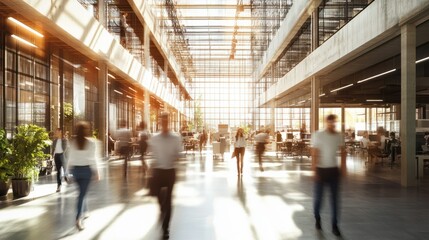 Bright business workplace with people in walking in blurred motion in modern office space