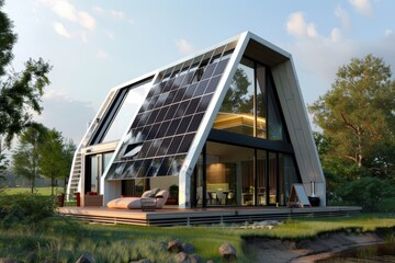 Obraz premium Modern Autonomous House with Solar Panels and Smart Technology in Scenic Countryside