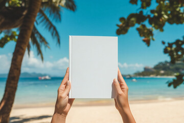 People hands holding a white book mockup with copy space in front of a beautiful beach