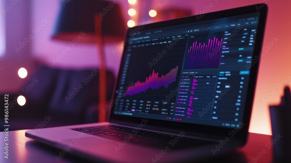 Poster close-up of a laptop screen showing sales analytics and revenue graphs, monitoring the performance o