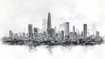 Fototapeta premium Bangkok, Thailand, black and white pen pencil hand-drawn effect drawing illustration for travel poster, card, wallpaper, backdrop or banner. Modern, clear, artistic and simple