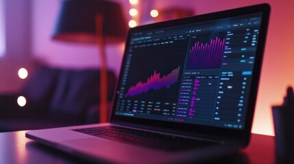 Close-up of a laptop screen showing sales analytics and revenue graphs, monitoring the performance of an online business