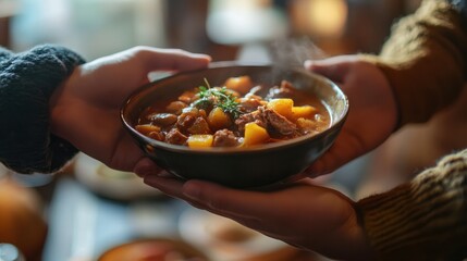 closeup one hand offers a bowl of hearty stew to another, embodying the spirit of sharing and caring in a cozy setting, blurred background