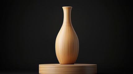 Elegant wooden sake bottle displayed on a round pedestal against a dark background, highlighting its smooth curves and natural finish.
