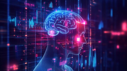 Fototapeta premium Digital human head with glowing brain and neon lines in the background.