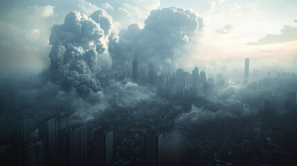 Fototapeta premium A city skyline shrouded in a thick cloud of smoke and ash, with buildings partially collapsed after a major earthquake, capturing the scale of destruction and the sense of despair.