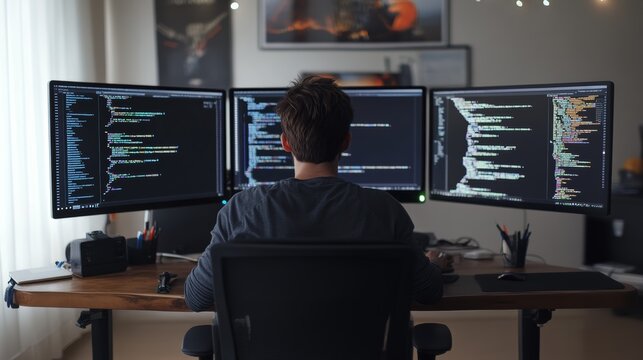 Back view of software engineer programming on multiple screens at a home office setup. Focus on coding complex algorithms in a quiet space.