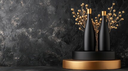 Stylish black sake bottles showcased on a modern pedestal with decorative golden branches against a textured dark background.