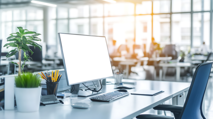 Elegant Computer Screen Mockup in a Contemporary Office - Transparent PNG Banner Perfect for Digital Media, Graphic Design, and Professional Portfolios
