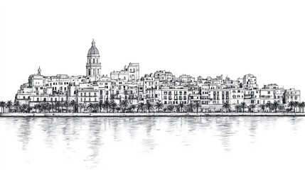 Fototapeta premium Bari, Italy, black and white pen pencil hand-drawn effect drawing illustration for travel poster, card, wallpaper, backdrop or banner. Modern, clear, artistic and simple