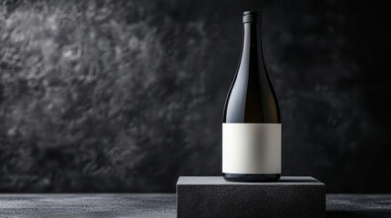 Elegant sake bottle with blank label on a minimalist pedestal against a dark textured background, perfect for product showcasing.