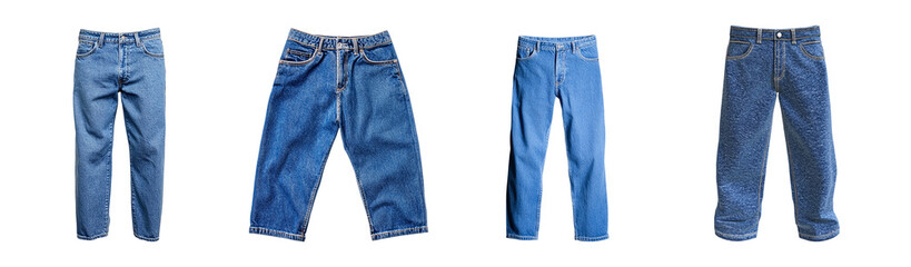 Four pairs of denim jeans showcasing different styles and washes, ideal for casual fashion.