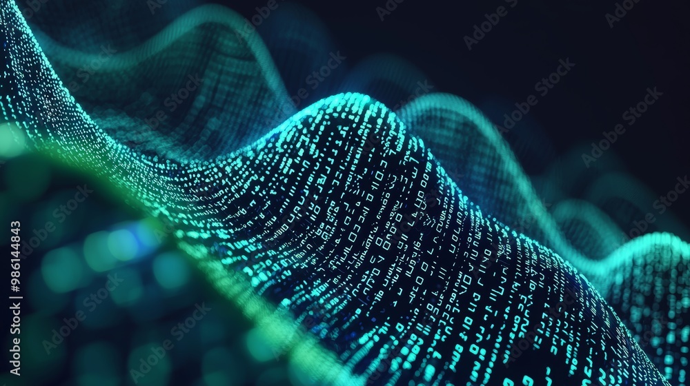 Poster 3d wave of glowing neon numbers - high fidelity futuristic data visualization