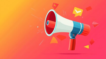 A red, white, and blue megaphone on a pink and orange gradient background with yellow check marks and red squares.