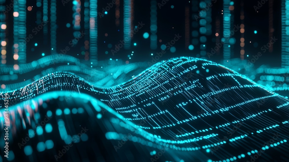 Poster futuristic 3d wave of numbers with glowing blue data particles for high-fidelity digital design