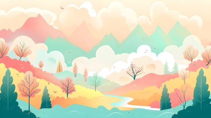 Peaceful Nature Scene with Mountains and River &ndash; Vector
