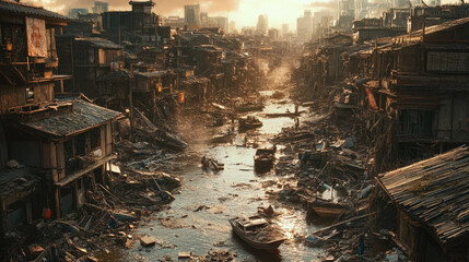 A cityscape after a major earthquake, with buildings partially collapsed and streets filled with debris, capturing the widespread destruction and chaos caused by the disaster.