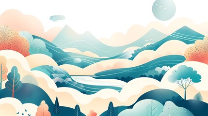 Tranquil River and Mountain Landscape with Trees &ndash; Vector
