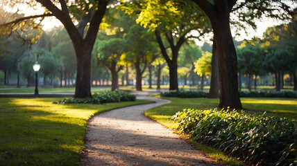 Blurred bokeh of a path through a tranquil park