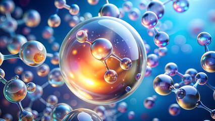 Cosmetic essence in a liquid bubble with molecules inside, concept skin care cosmetics.