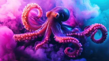 Obraz premium A vibrant octopus with its tentacles outstretched against a colorful background of pink and blue smoke.