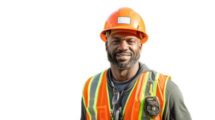 Construction African American worker in safety helmet on transparent background PNG.
