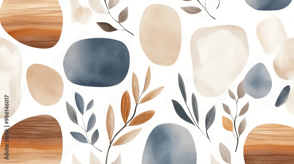 Aufkleber stylish abstract pattern featuring smooth stones and delicate leaves in soft colors for modern decor