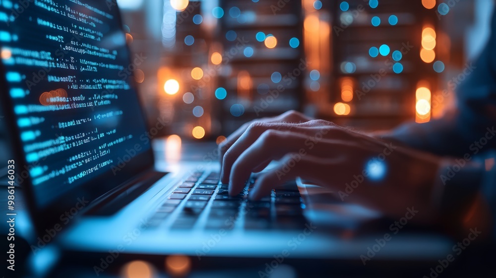 Aufkleber Hands typing code on a laptop in a high-tech office with glowing lights and digital code on the screen. Fast-paced software development