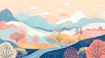 Scenic Outdoor Landscape with Mountains and River – Vector Art
