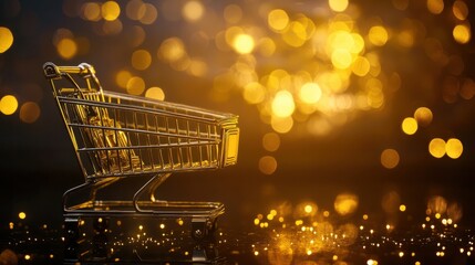 Golden shopping cart on dark background with glittering bokeh: Black Friday shopping concept. Concept Black Friday, Shopping Cart, Glittering Bokeh, Dark Background, Golden Touch