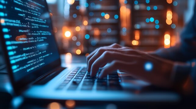 Hands typing code on a laptop in a high-tech office with glowing lights and digital code on the screen. Fast-paced software development