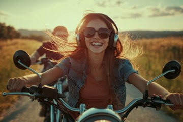 Fototapeta premium HIKKADUWA, SRI LANKA - 18 october 2017 Caucasian family rides motorbike sunset. Beautiful simple AI generated image