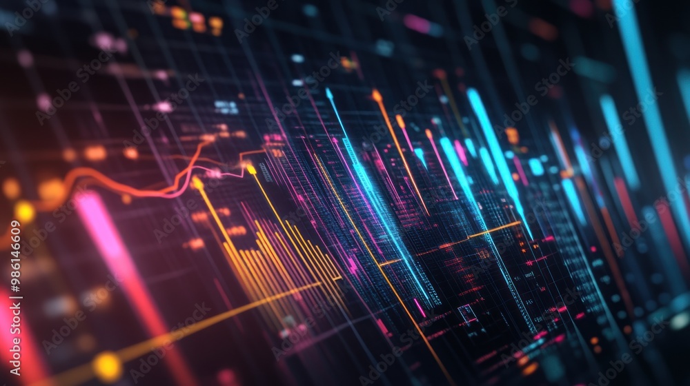 Poster abstract digital graph with glowing lines in vibrant colors on dark background.
