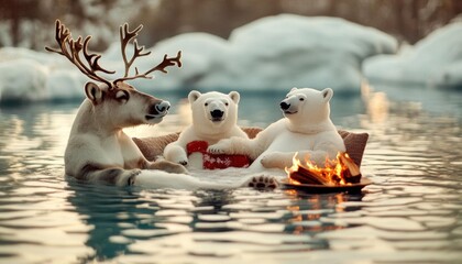 Cozy winter spa with reindeer and polar bears, relaxing by the fire, background, no blur, photo not dark, everything is clear, copy space