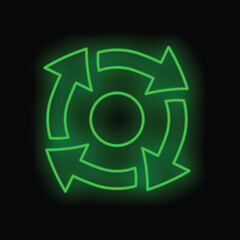 Green neon sign showing four arrows making a circle on a black background