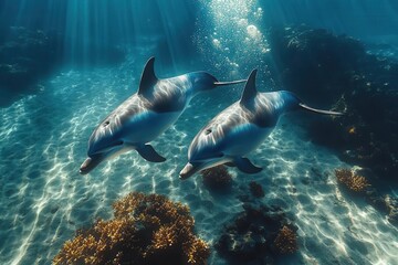 Fototapeta premium two playful dolphins gliding through crystalclear tropical waters shafts of sunlight creating ethereal underwater scene vibrant coral reef in background showcases rich marine biodiversity