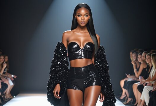 High fashion show with beautiful young black female model, Illustration