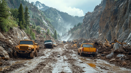 A mountain road blocked by a landslide, with vehicles trapped on either side and debris piled high, illustrating the sudden and disruptive nature of the disaster.