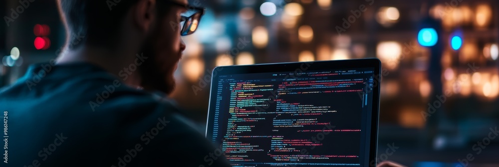 Aufkleber Software developer working on a laptop displaying code with a colorful bokeh background. Late-night coding session.