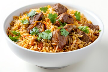 Pilaf with beef and vegetables isolated on white background