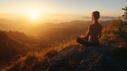 Woman Meditating on Mountaintop at Sunrise. Serene Mountain Mediation. Tranquility Mindfulness Horizon Background. 
