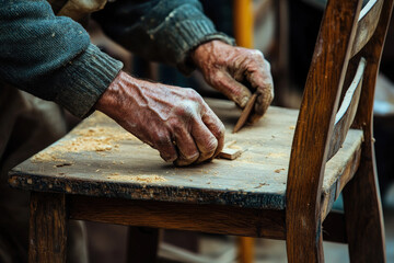 A male carpenter repairs a chair in his carpentry workshop.