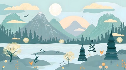 Calm Nature Landscape with River, Trees, and Clouds – Vector
