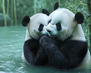 Fototapeta premium Pandas receiving gentle massages, surrounded by bamboo and tranquility, background, no blur, photo not dark, everything is clear, copy space