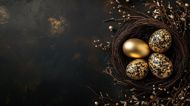 Golden Easter eggs in a nest with golden branches on a black background.
