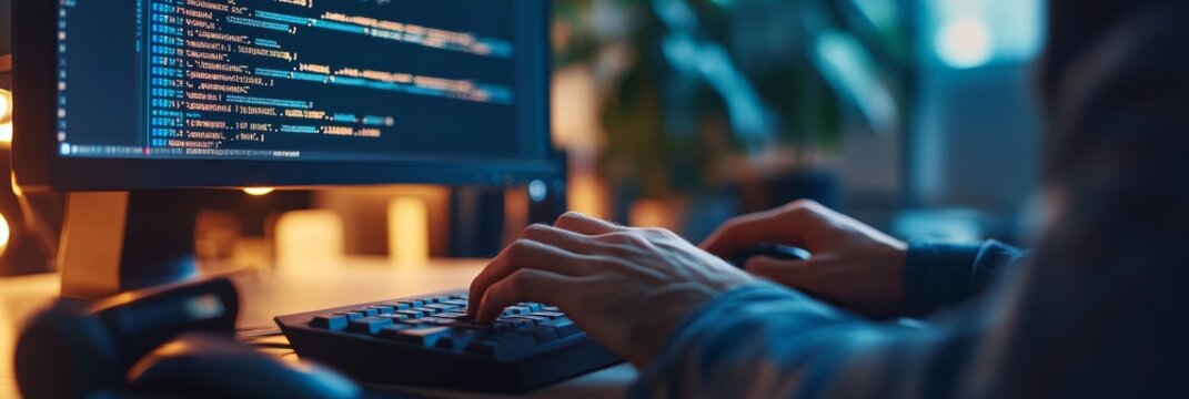 Hands coding on a laptop in a well-lit tech office with code on a large screen. Focus on software development